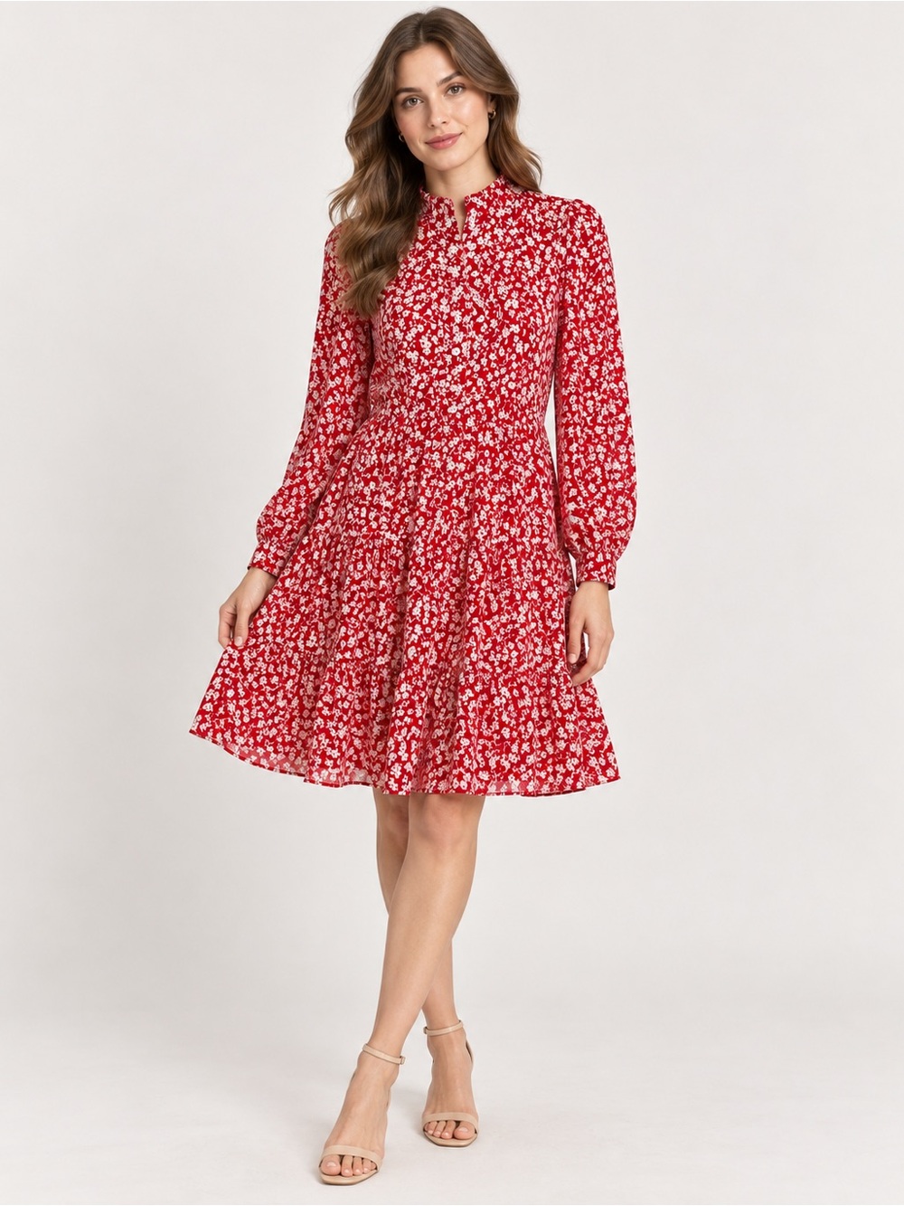 J. Crew Red and White Floral Tiered Mini Dress